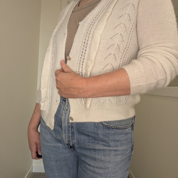 White Mohair V-neck Cardigen with Ruffle Crochet Detail on Front Size Large - Picture 8 of 12